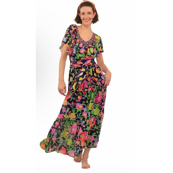 Gretchen Scott Designs Arles Birds and Bees Midi Maxi‎ Dress Navy Size Large - Picture 1 of 13